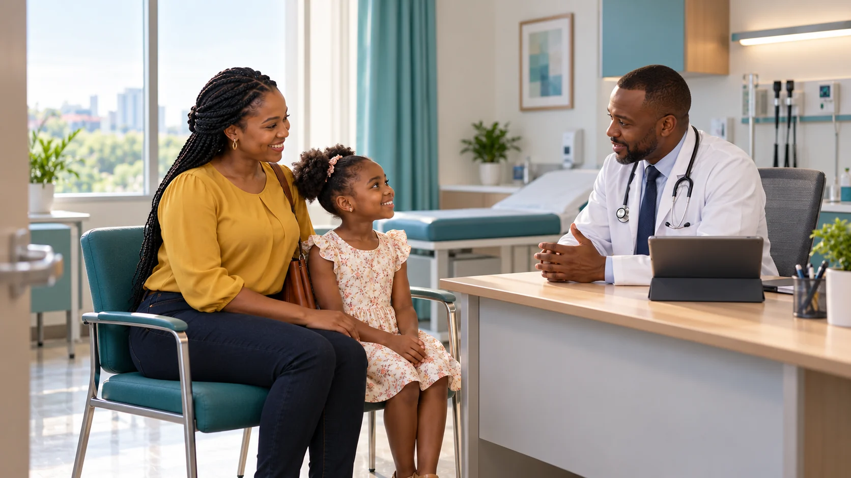 A Nigerian doctor speaking with a mother and child in a bright consultation room