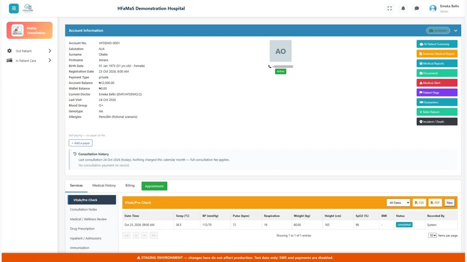 HFaMaS demonstration patient record page