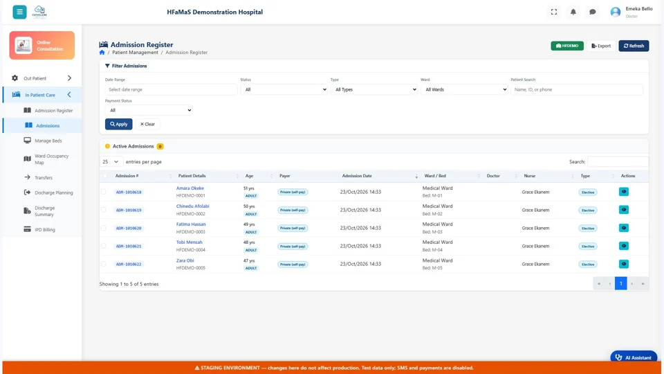HFaMaS demonstration admissions page