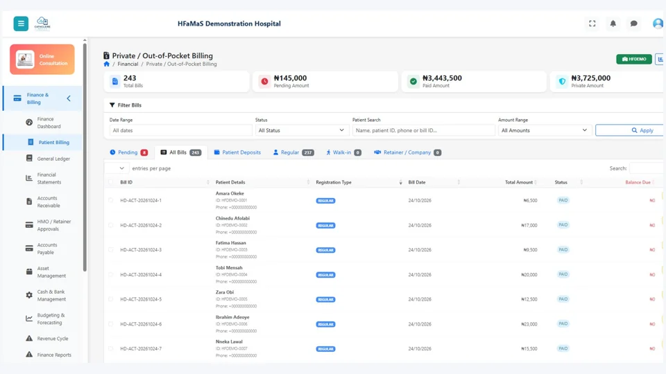 HFaMaS demonstration billing & payments page