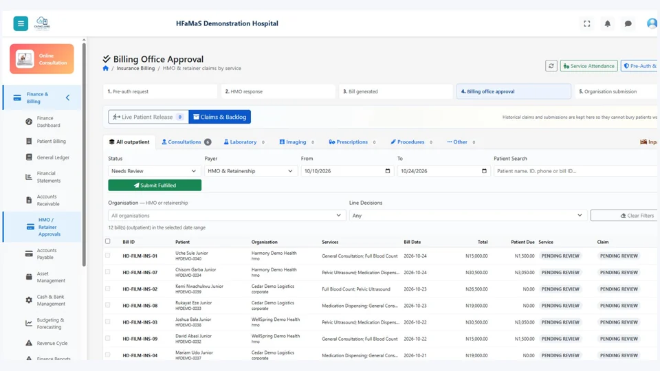 HFaMaS demonstration insurance & claims page