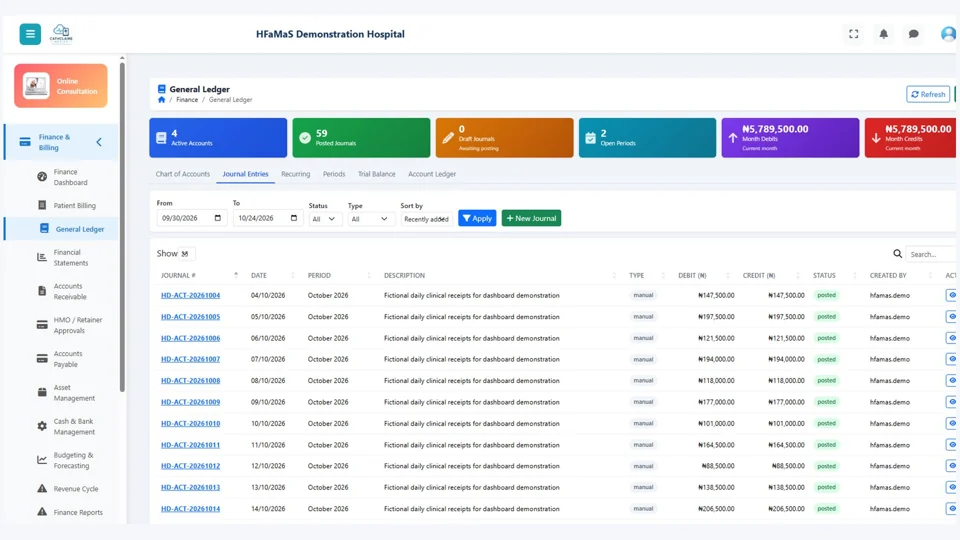 HFaMaS demonstration general ledger page