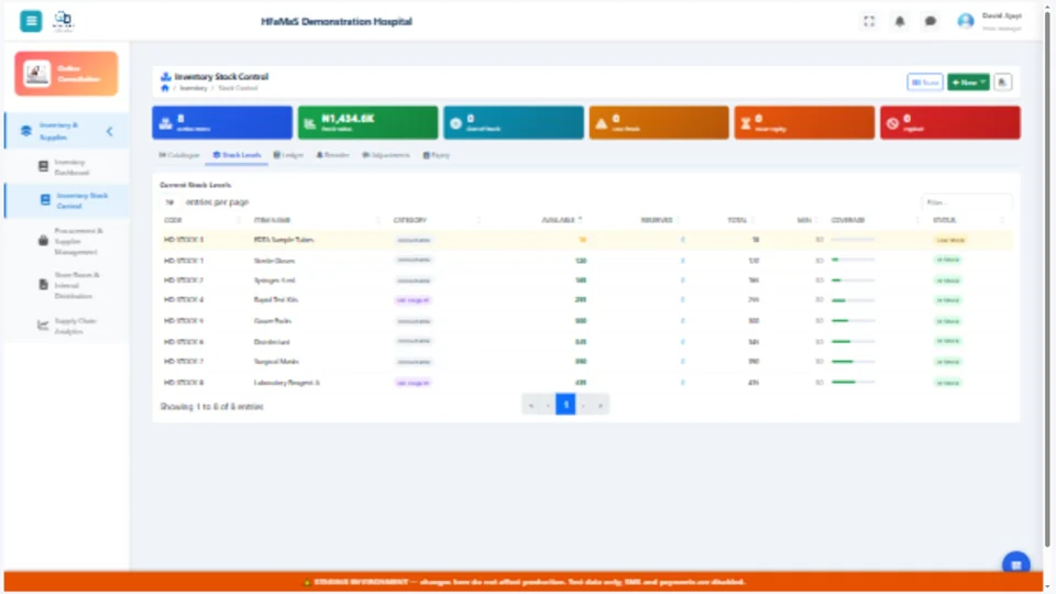 HFaMaS demonstration central stock control page