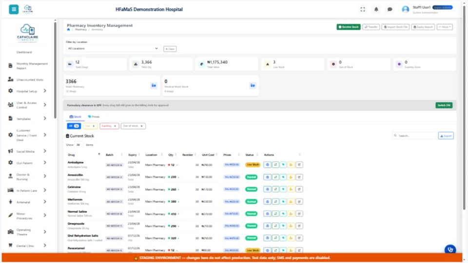 HFaMaS demonstration pharmacy inventory page