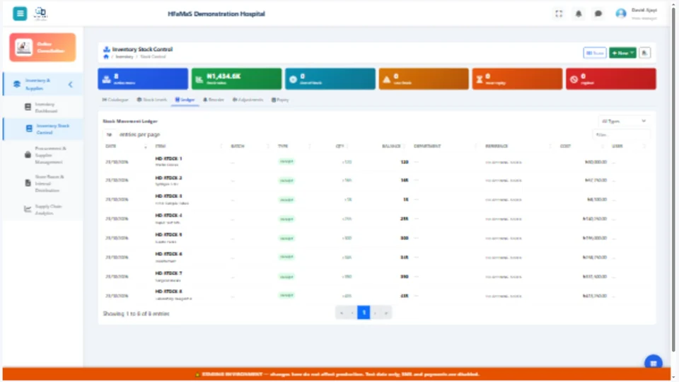 HFaMaS demonstration stock movement ledger page