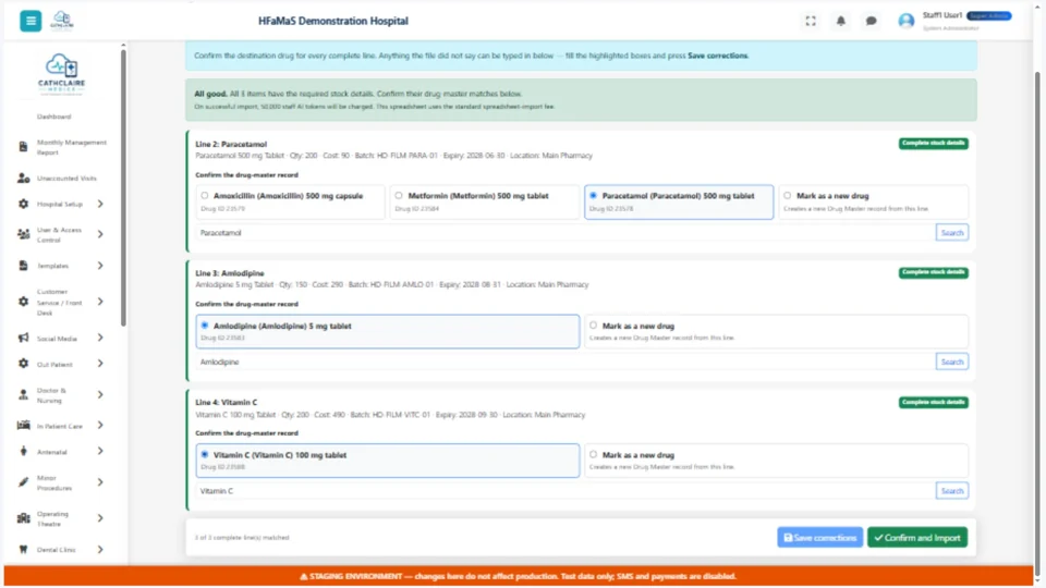 HFaMaS demonstration inventory import review page